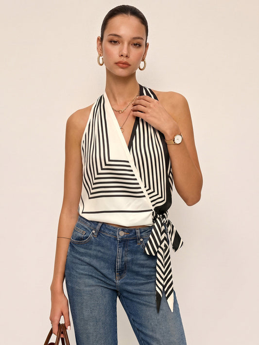 Geometric Stripe Halter Wrap Tie Satin Top
