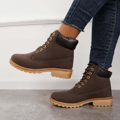 Classic Lace Up Ankle Work Boots Block Heel Hiking Booties