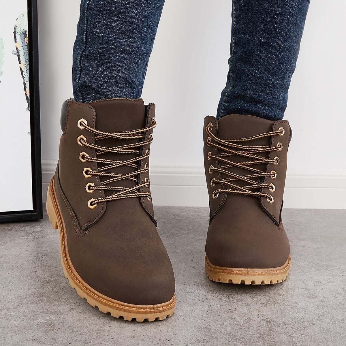 Classic Lace Up Ankle Work Boots Block Heel Hiking Booties