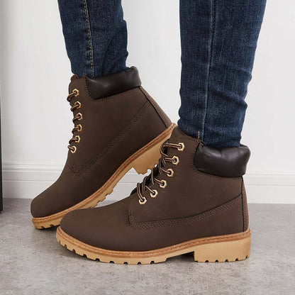 Classic Lace Up Ankle Work Boots Block Heel Hiking Booties