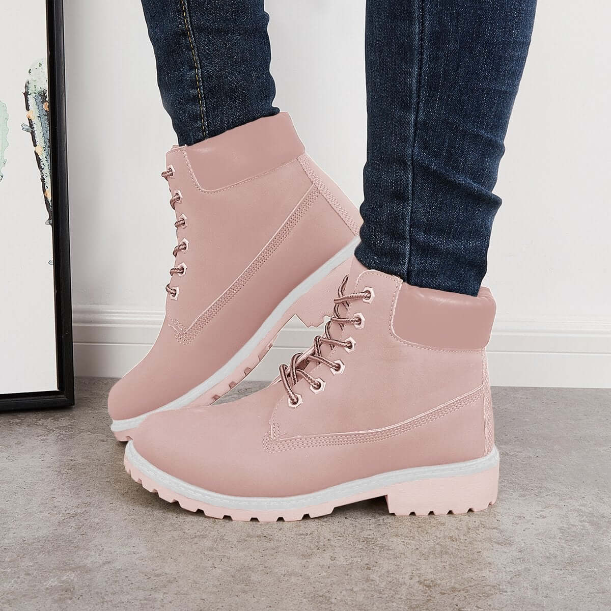 Classic Lace Up Ankle Work Boots Block Heel Hiking Booties