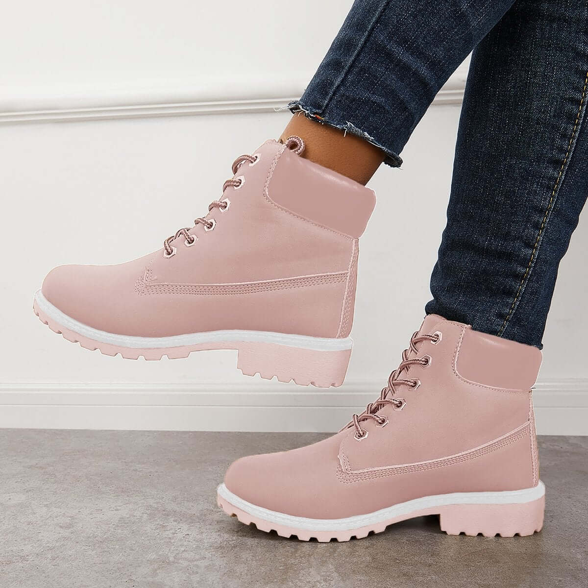 Classic Lace Up Ankle Work Boots Block Heel Hiking Booties