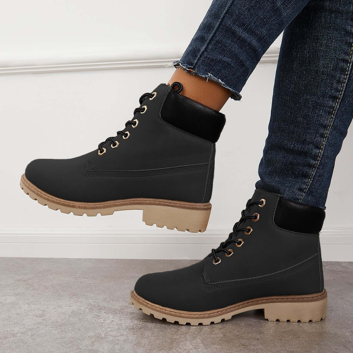 Classic Lace Up Ankle Work Boots Block Heel Hiking Booties