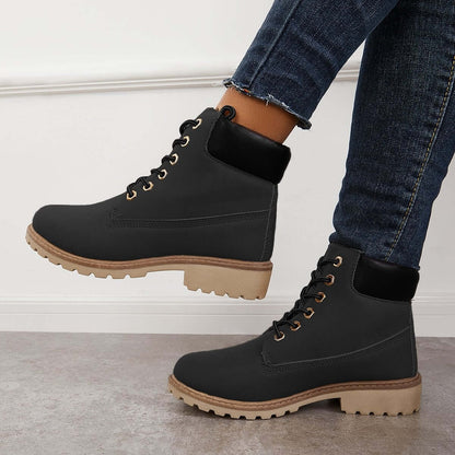 Classic Lace Up Ankle Work Boots Block Heel Hiking Booties
