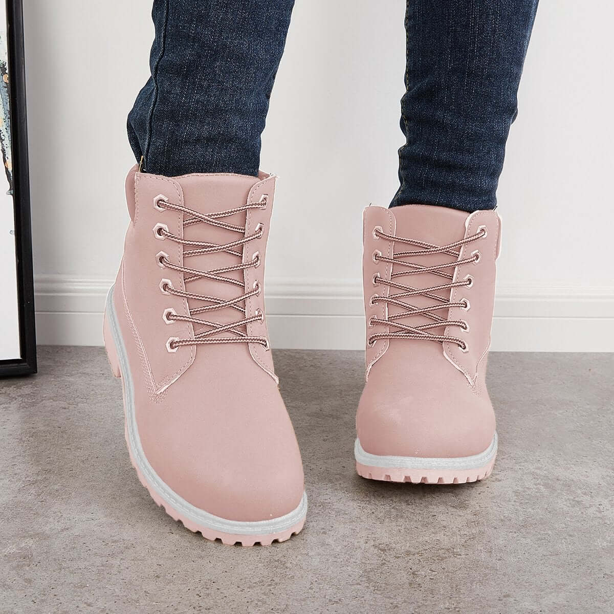 Classic Lace Up Ankle Work Boots Block Heel Hiking Booties