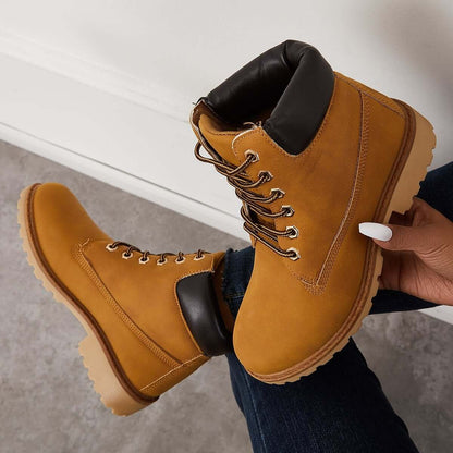 Classic Lace Up Ankle Work Boots Block Heel Hiking Booties