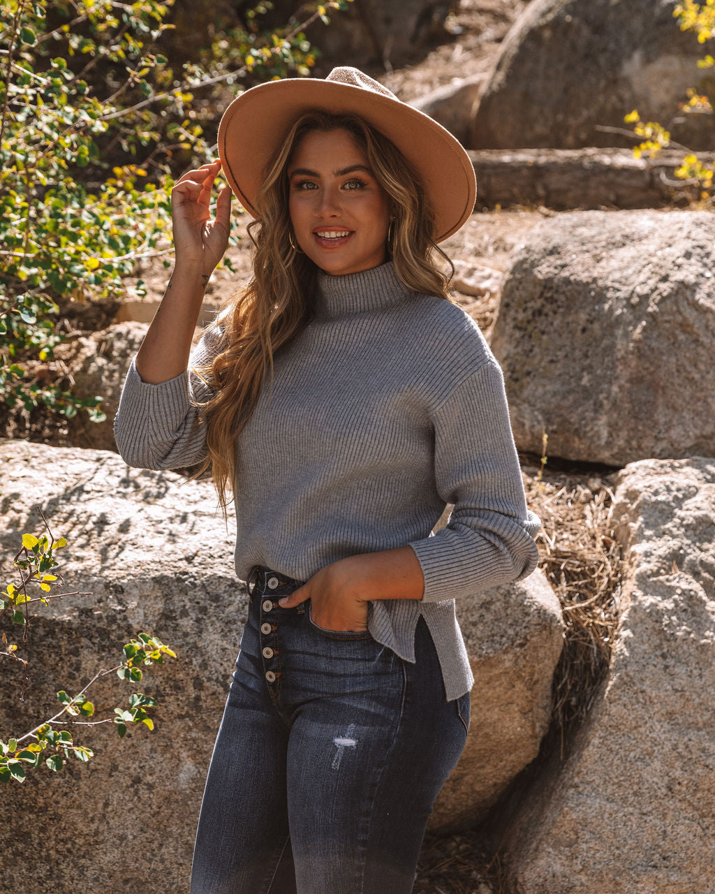 Branford Ribbed Mock Neck Knit Sweater - Heather Grey
