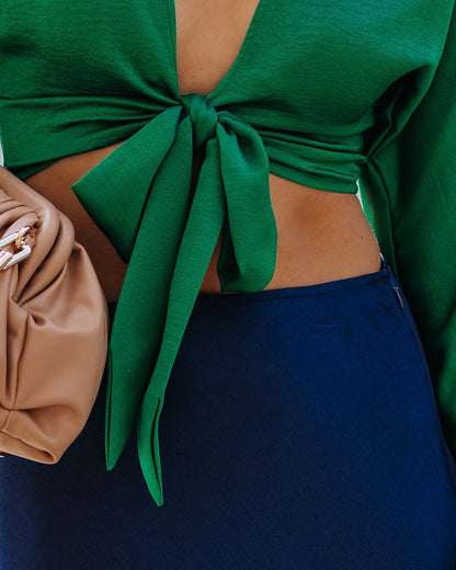 Brenda Satin Tie Front Crop Blouse - Green