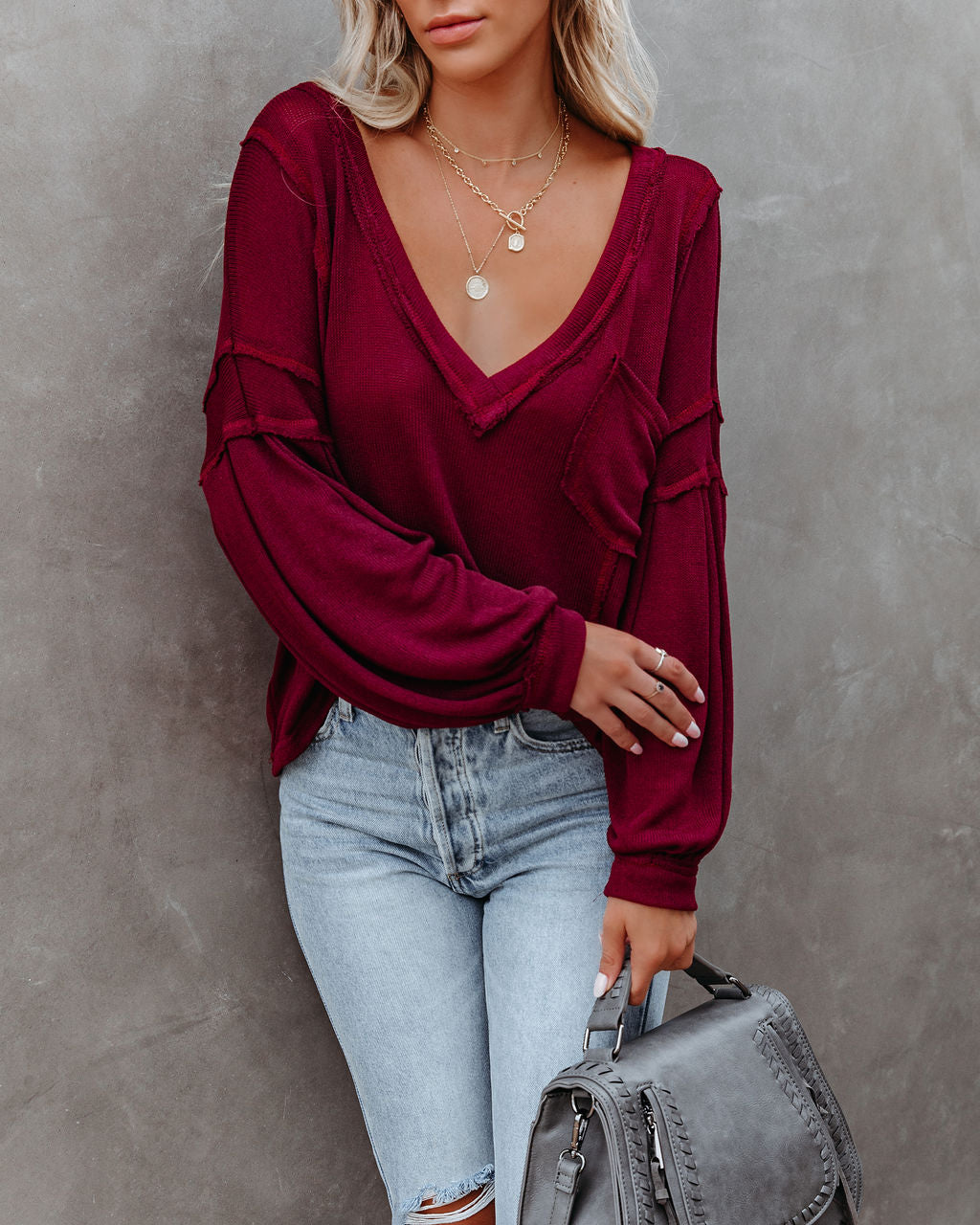Capitol Reef V-Neck Knit Pocket Top - Maroon