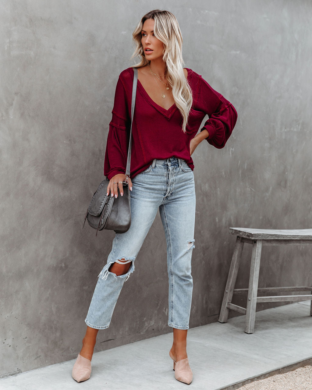Capitol Reef V-Neck Knit Pocket Top - Maroon