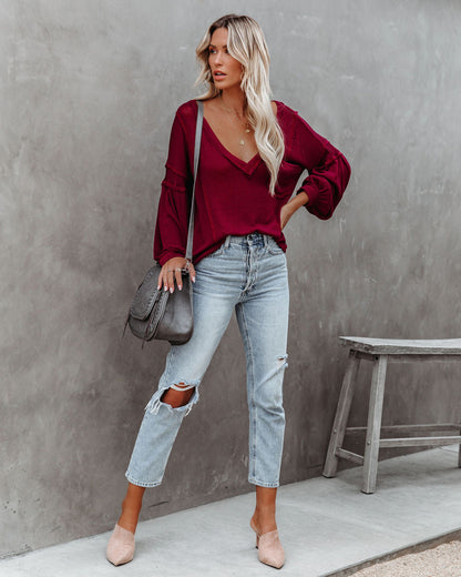 Capitol Reef V-Neck Knit Pocket Top - Maroon