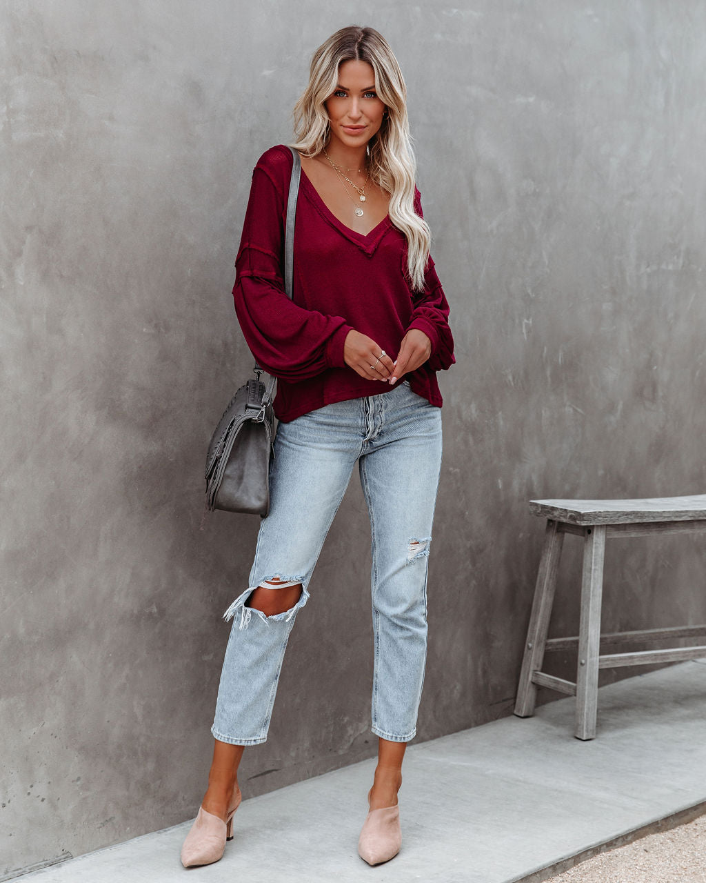 Capitol Reef V-Neck Knit Pocket Top - Maroon
