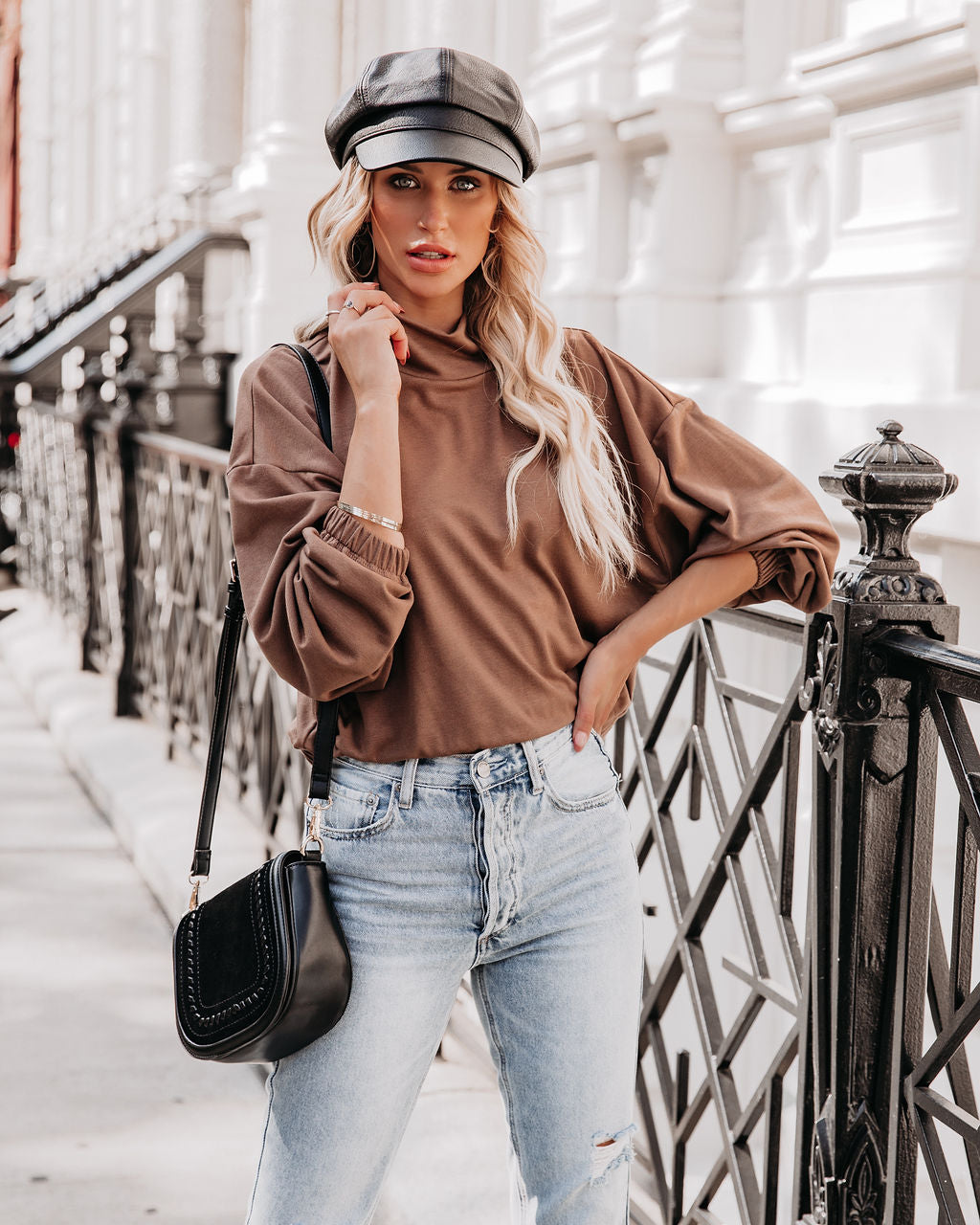 Chestnut Cotton Blend Cowl Neck Top