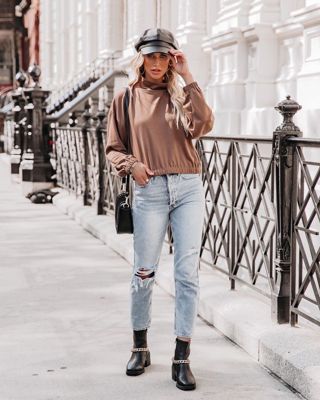 Chestnut Cotton Blend Cowl Neck Top
