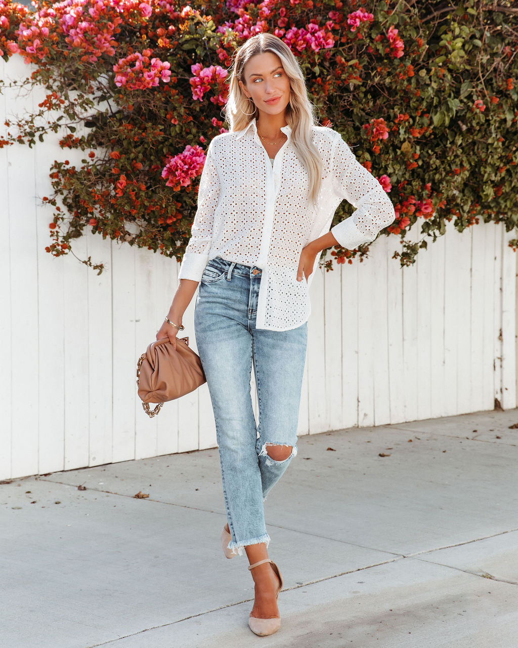 Dolores Cotton Eyelet Button Down Top - White