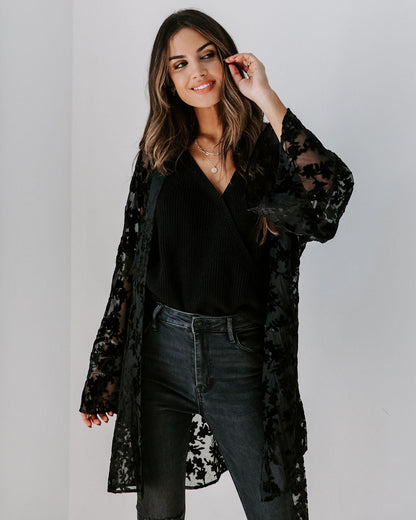 Divine Dreams Burnout Velvet Kimono Robe - Black - SALE