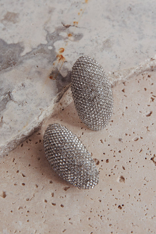 Candice Oval Cabochon Earrings Silver Diamante