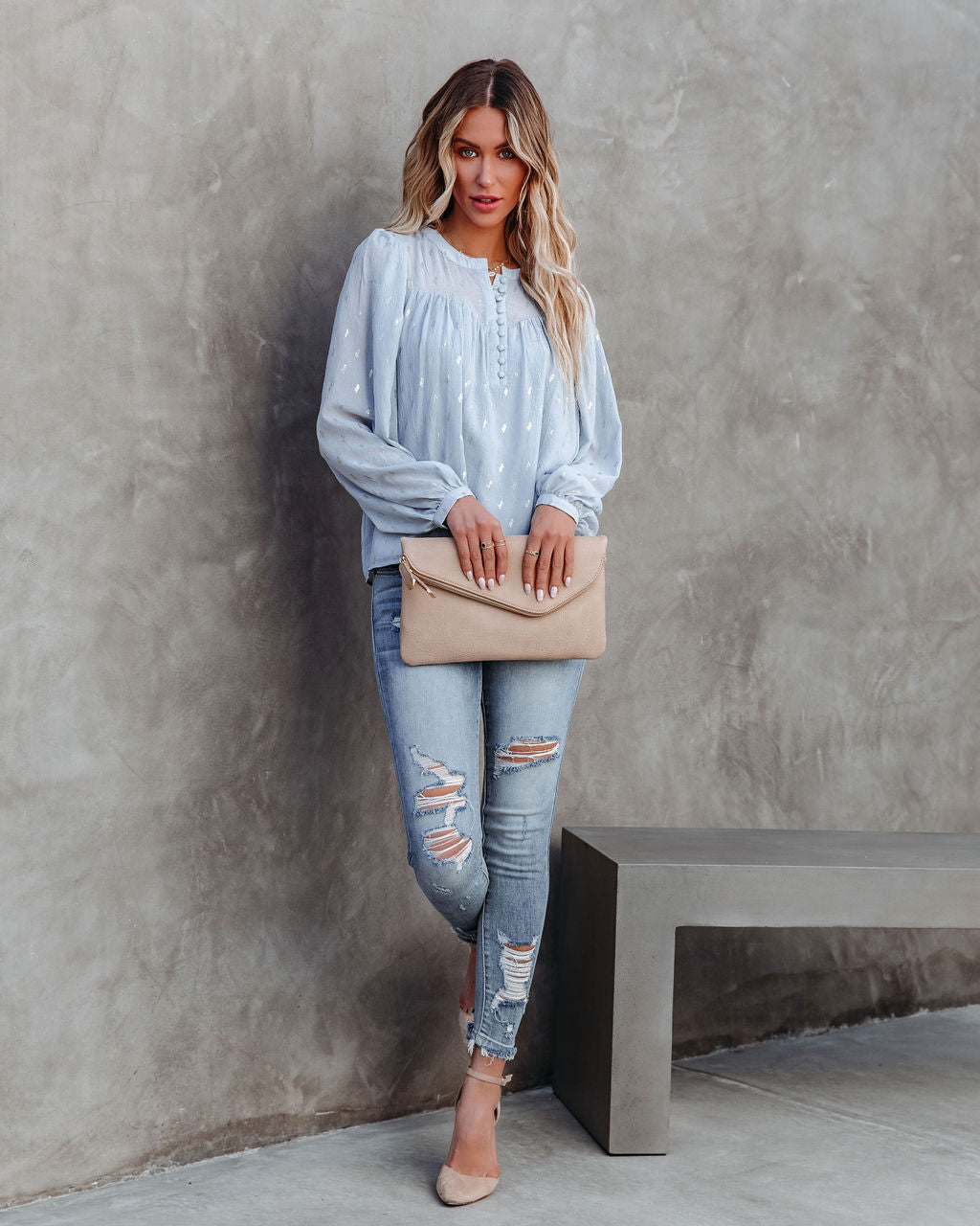 Embree Shimmer Babydoll Blouse - Powder Blue