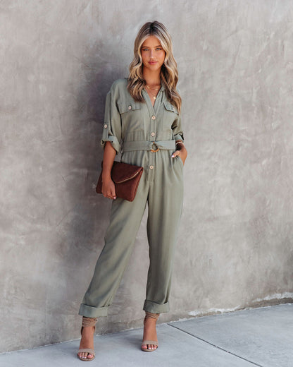 Exploring The Orchards Pocketed Belted Jumpsuit - Olive