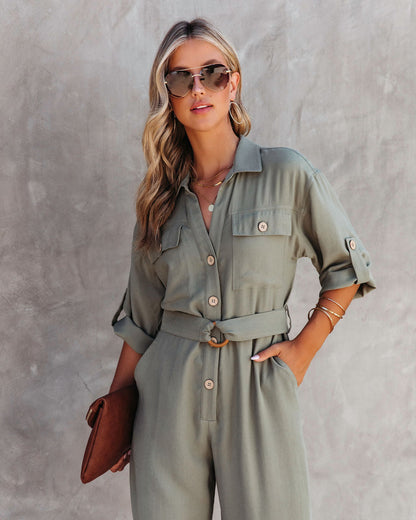 Exploring The Orchards Pocketed Belted Jumpsuit - Olive