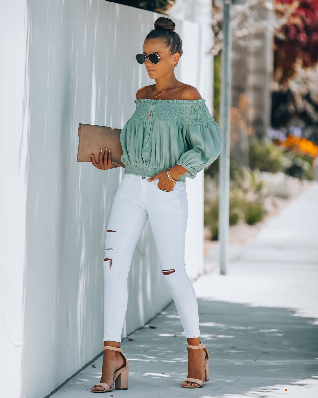 Fig Cotton Smocked Off The Shoulder Top - Sage