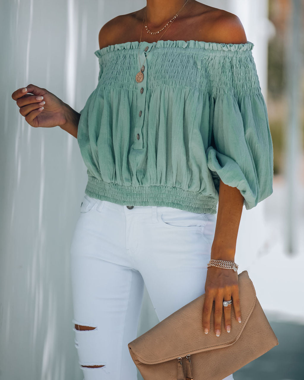 Fig Cotton Smocked Off The Shoulder Top - Sage