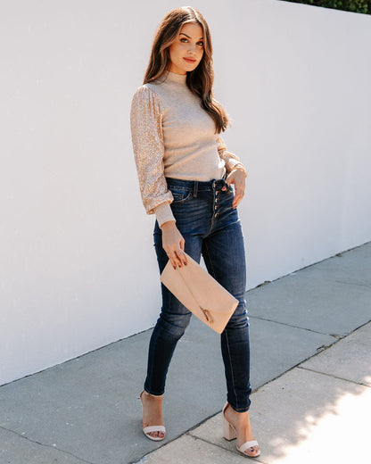 From A Dream Sequin Mock Neck Knit Top - Oatmeal