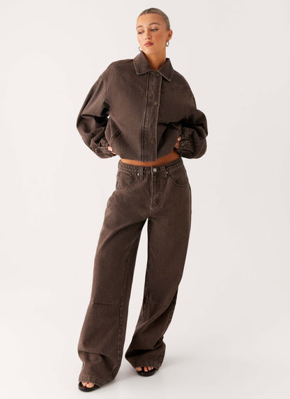 Midwest Washed Denim Bomber Jacket - Light Wash Chocolate