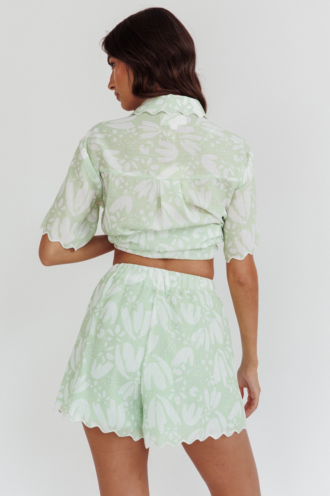 Swing Of Things Scalloped Elastic Waist Shorts Print Sage