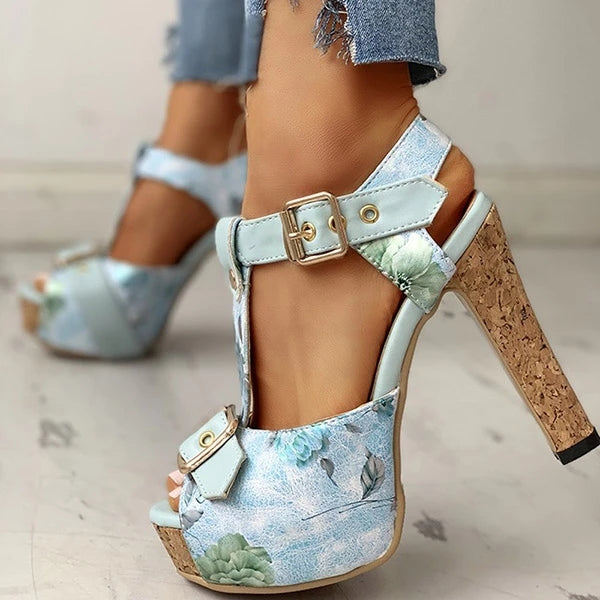 Flower Print Peep Toe Platform Chunky Heels