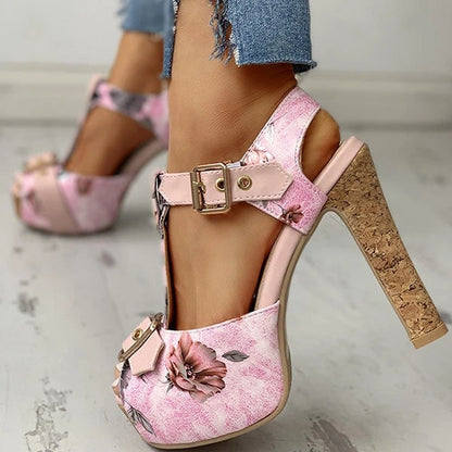 Flower Print Peep Toe Platform Chunky Heels